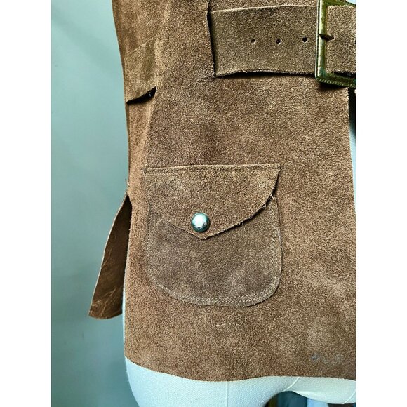 Vintage 70s Brown Suede Leather Vest | 1970s Belted Utility Pocket Western Boho - Picture 6 of 10